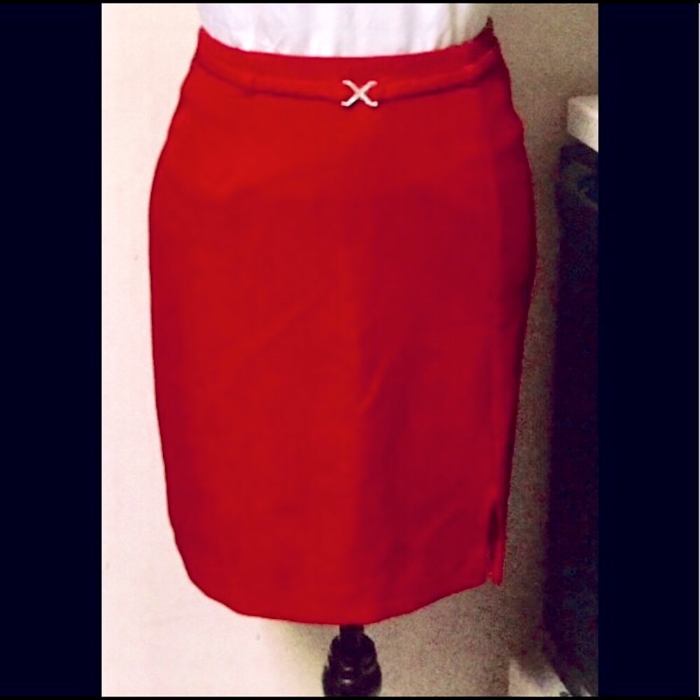 Vintage Red Mini Skirt: Side Slit, Belt w/ Diamond Bow Charm, Retro, Sz. M